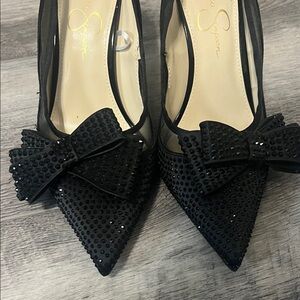 Jessica Simpson Black Heels with Bow and Sequin detail. Perfect holiday heels!